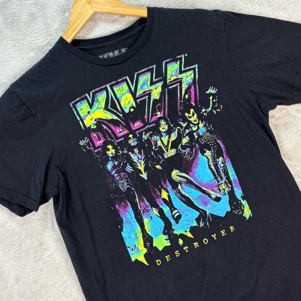 KISS Destroyer Band Graphic T-Shirt‎ Black Neon Print Men's Size M Rock Music